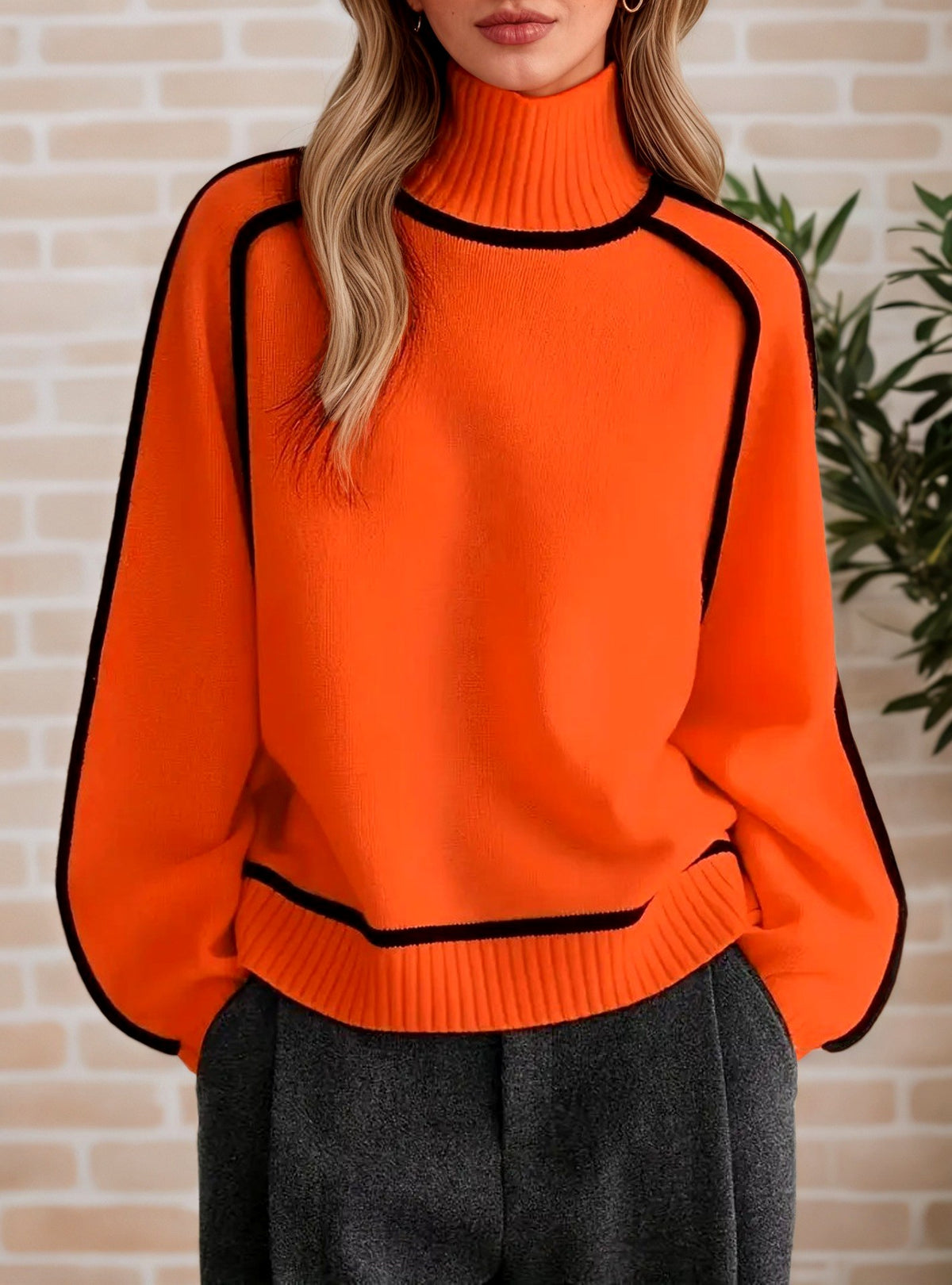 Faye - Women's Ribbed Turtleneck Knit Sweater with Piping 5