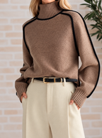 Faye - Women's Ribbed Turtleneck Knit Sweater with Piping 8