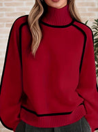 Faye - Women's Ribbed Turtleneck Knit Sweater with Piping 9