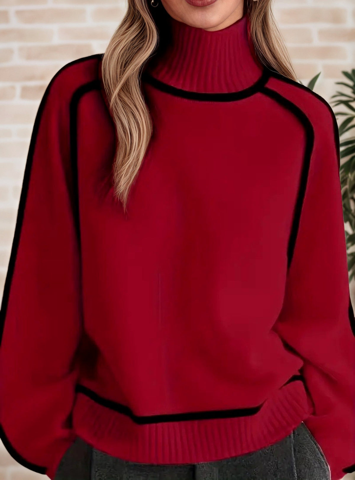 Faye - Women's Ribbed Turtleneck Knit Sweater with Piping 9