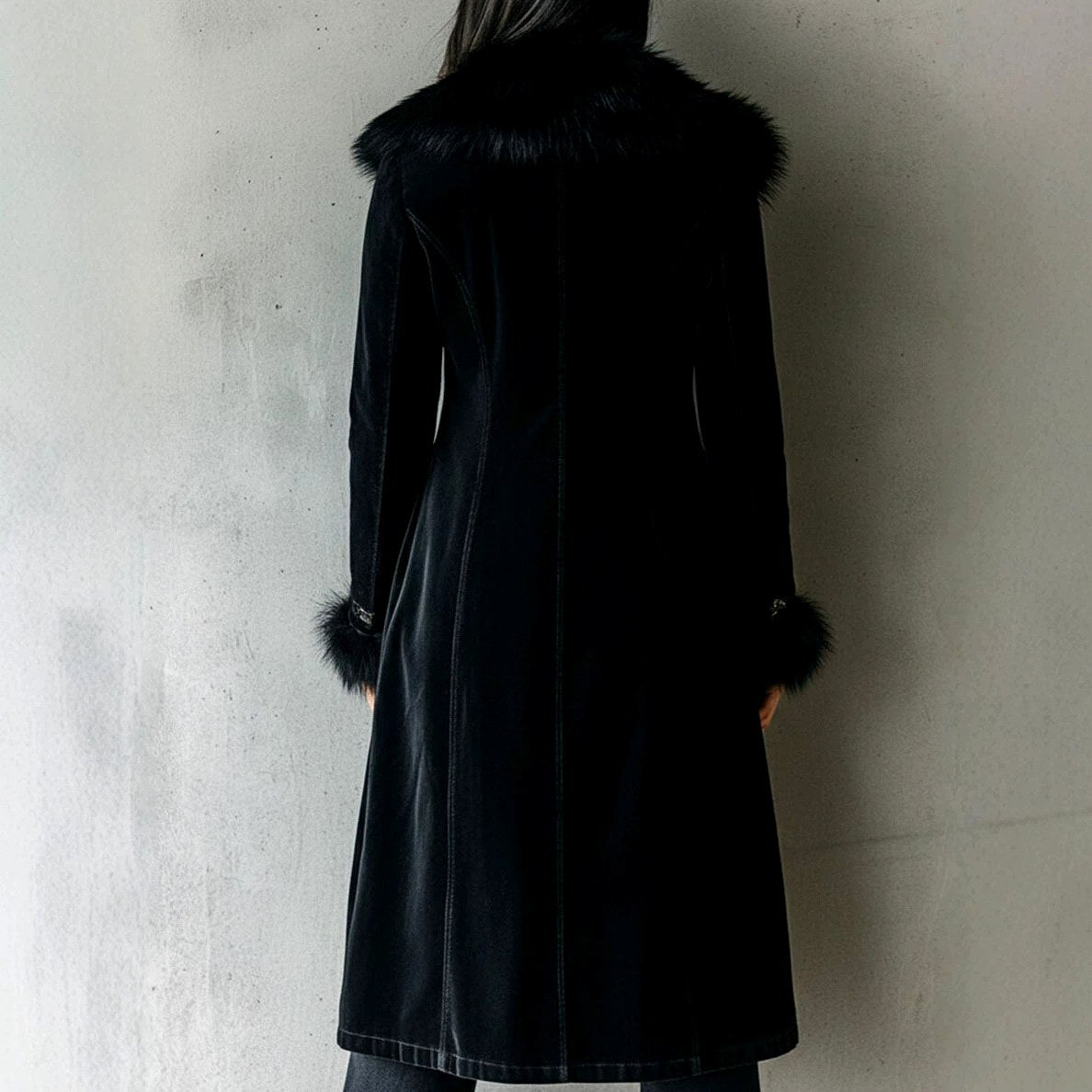 Felicia - Women's Velvet Longline Coat with Faux Fur Collar 4