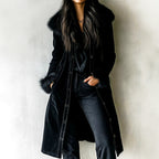 Felicia - Women's Velvet Longline Coat with Faux Fur Collar
