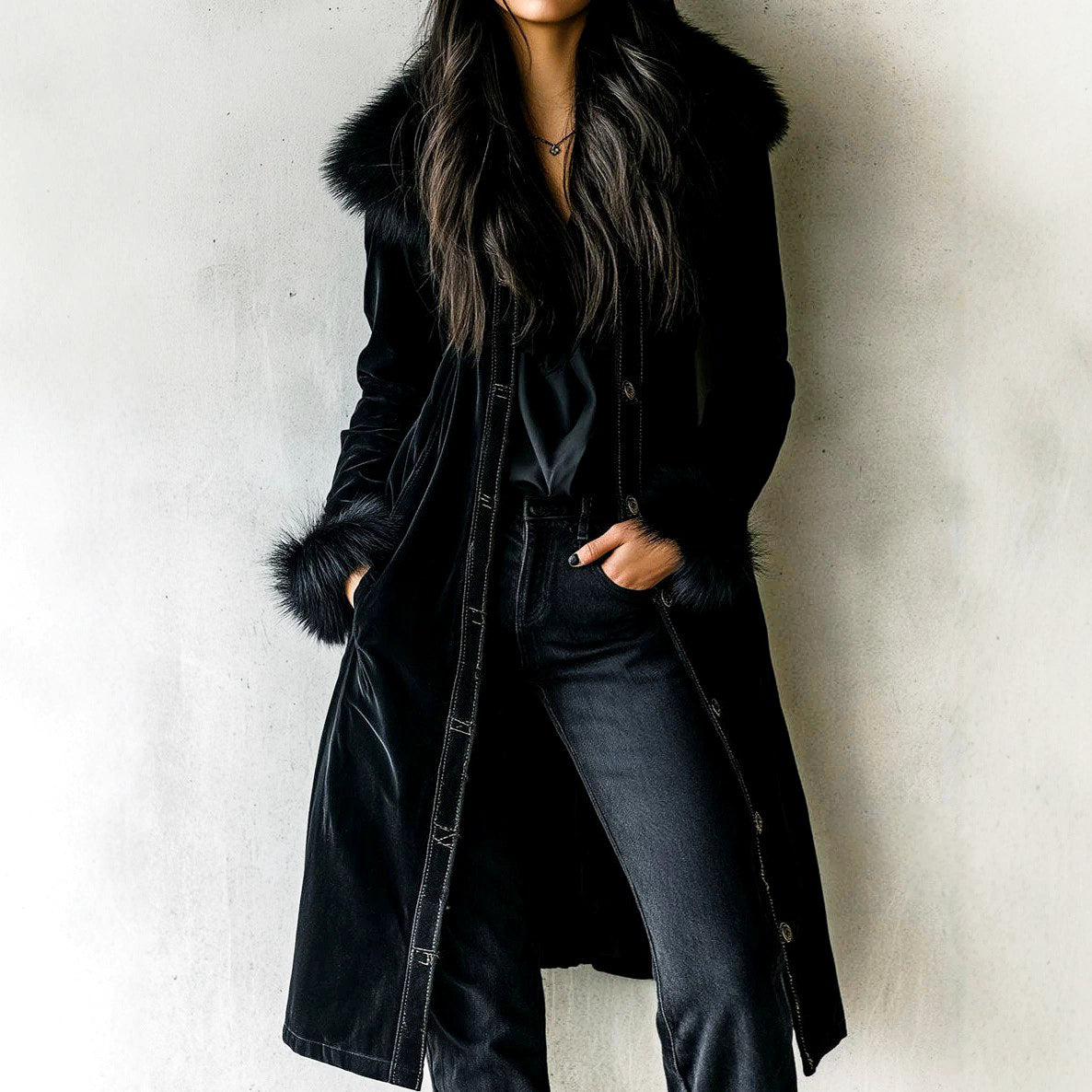 Felicia - Women's Velvet Longline Coat with Faux Fur Collar