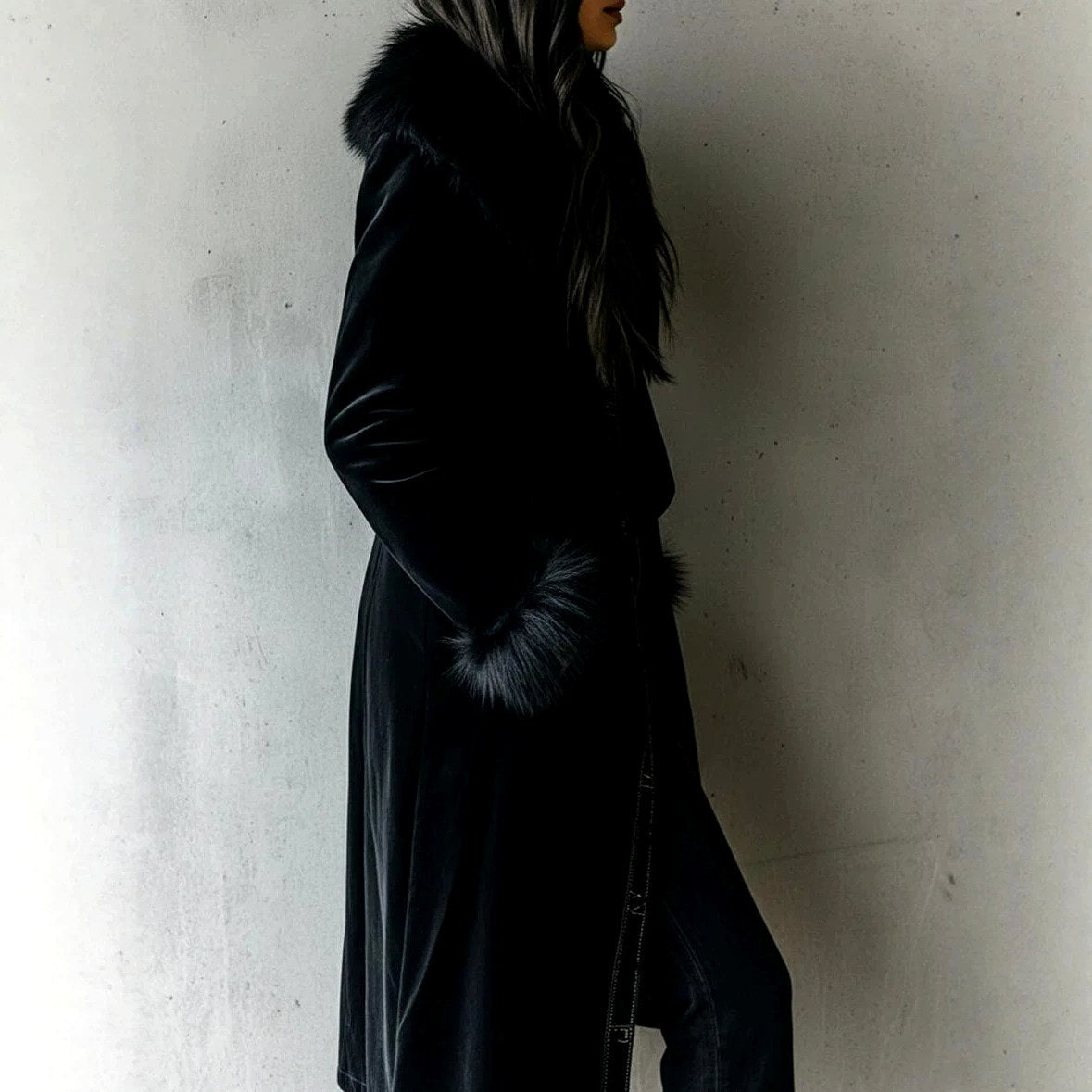 Felicia - Women's Velvet Longline Coat with Faux Fur Collar 6