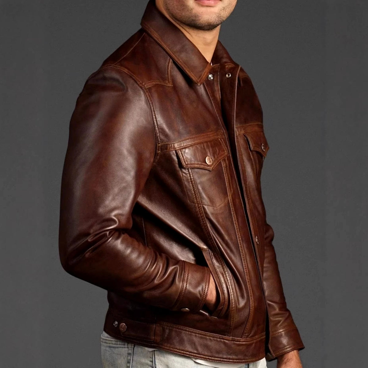 Freddie - Men's Button-Front Leather Jacket with Pockets 4