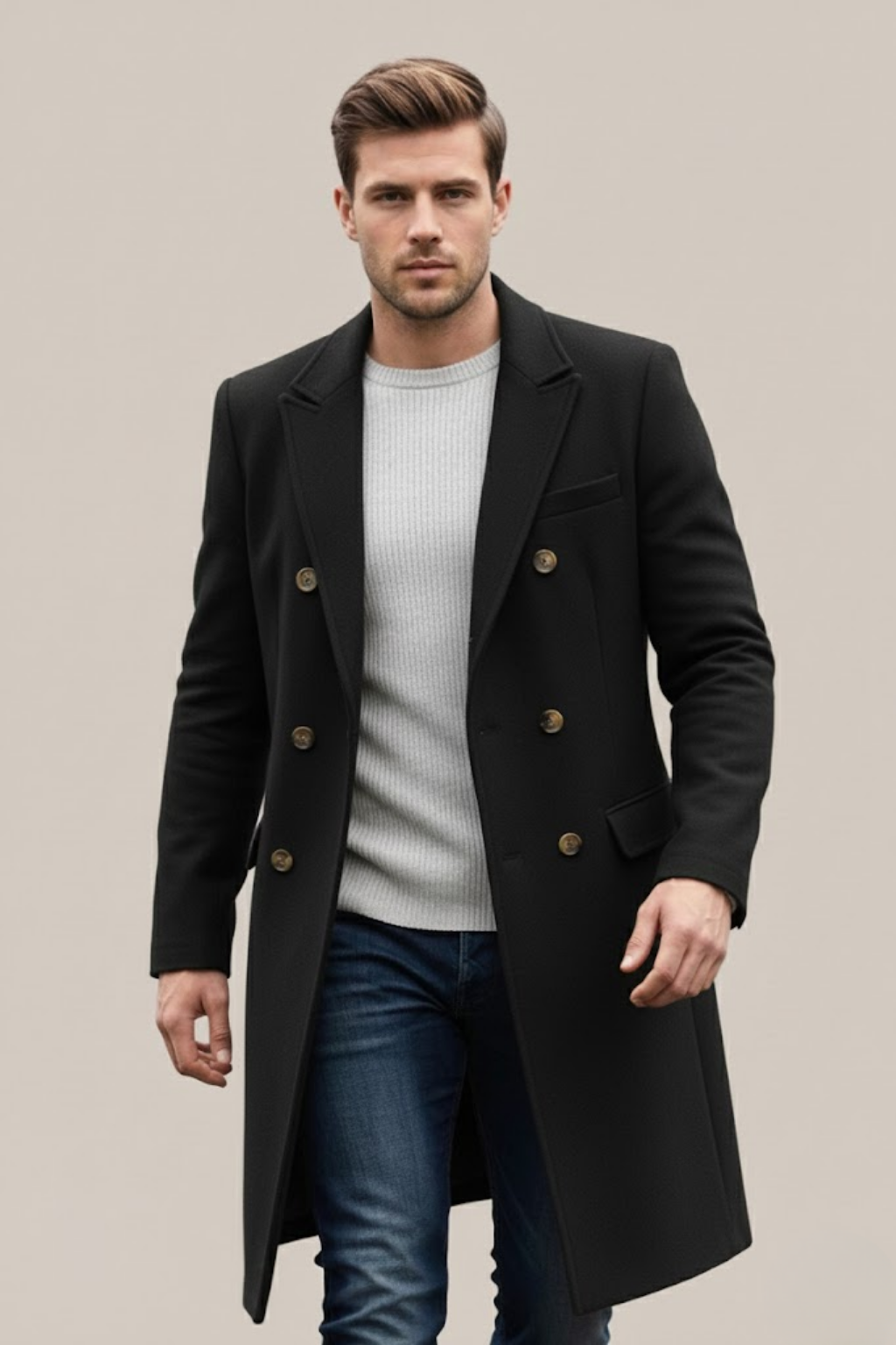 Garrett - Men's Double-Breasted Long Coat with Notch Lapels