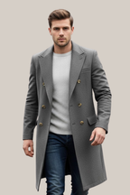 Garrett - Men's Double-Breasted Long Coat with Notch Lapels