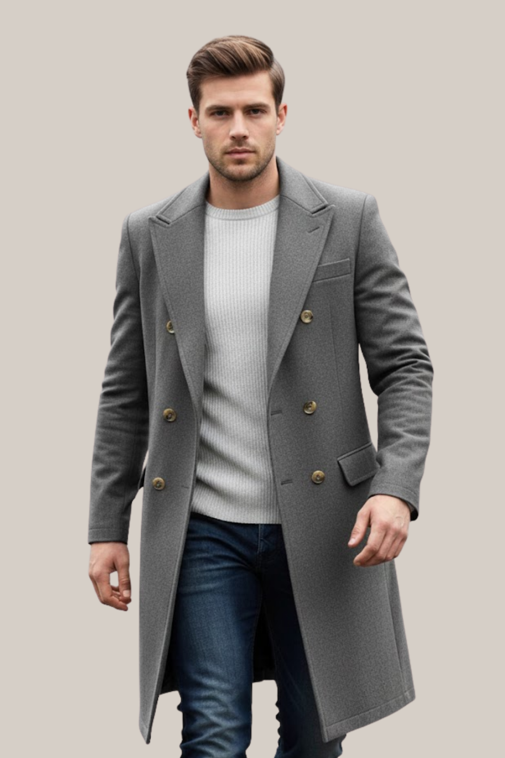 Garrett - Men's Double-Breasted Long Coat with Notch Lapels