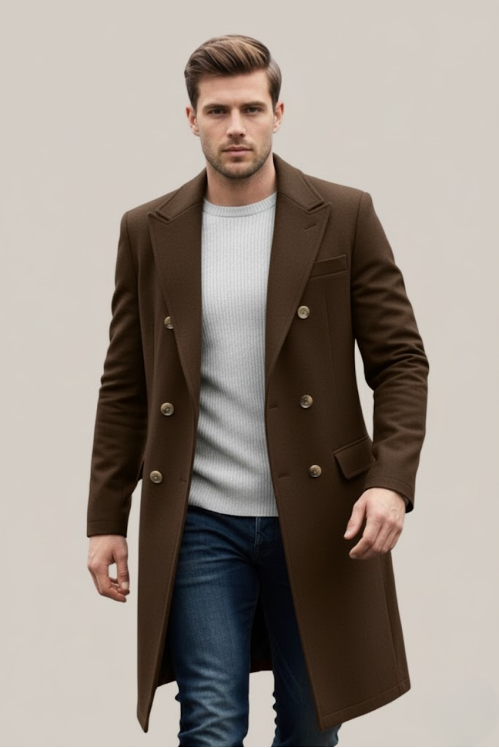 Garrett - Men's Double-Breasted Long Coat with Notch Lapels