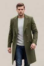 Garrett - Men's Double-Breasted Long Coat with Notch Lapels