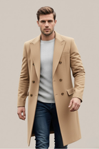 Garrett - Men's Double-Breasted Long Coat with Notch Lapels