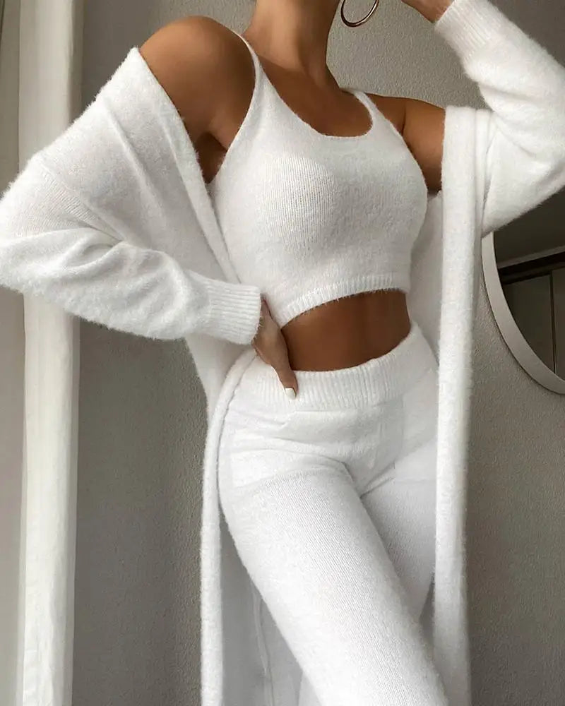 Gemma - Women's Ribbed Knit Crop Top & High-Waist Pant Set with Long Cardigan