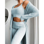 Gemma - Women's Ribbed Knit Crop Top & High-Waist Pant Set with Long Cardigan