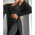 Gemma - Women's Ribbed Knit Crop Top & High-Waist Pant Set with Long Cardigan