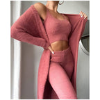 Gemma - Women's Ribbed Knit Crop Top & High-Waist Pant Set with Long Cardigan