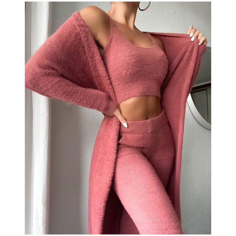 Gemma - Women's Ribbed Knit Crop Top & High-Waist Pant Set with Long Cardigan