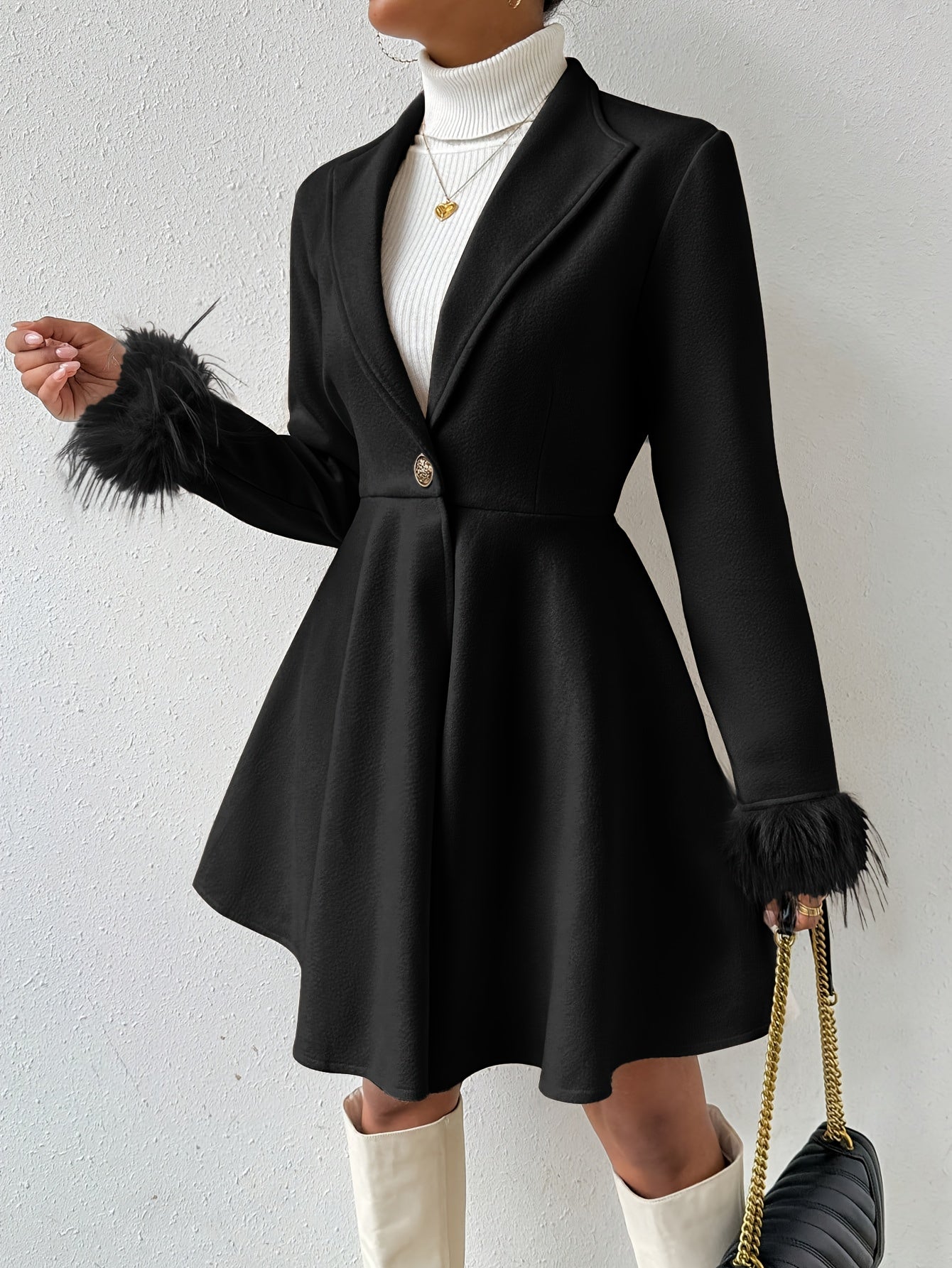 Genevieve - Women's Faux-Fur Cuff Fit-and-Flare Coat