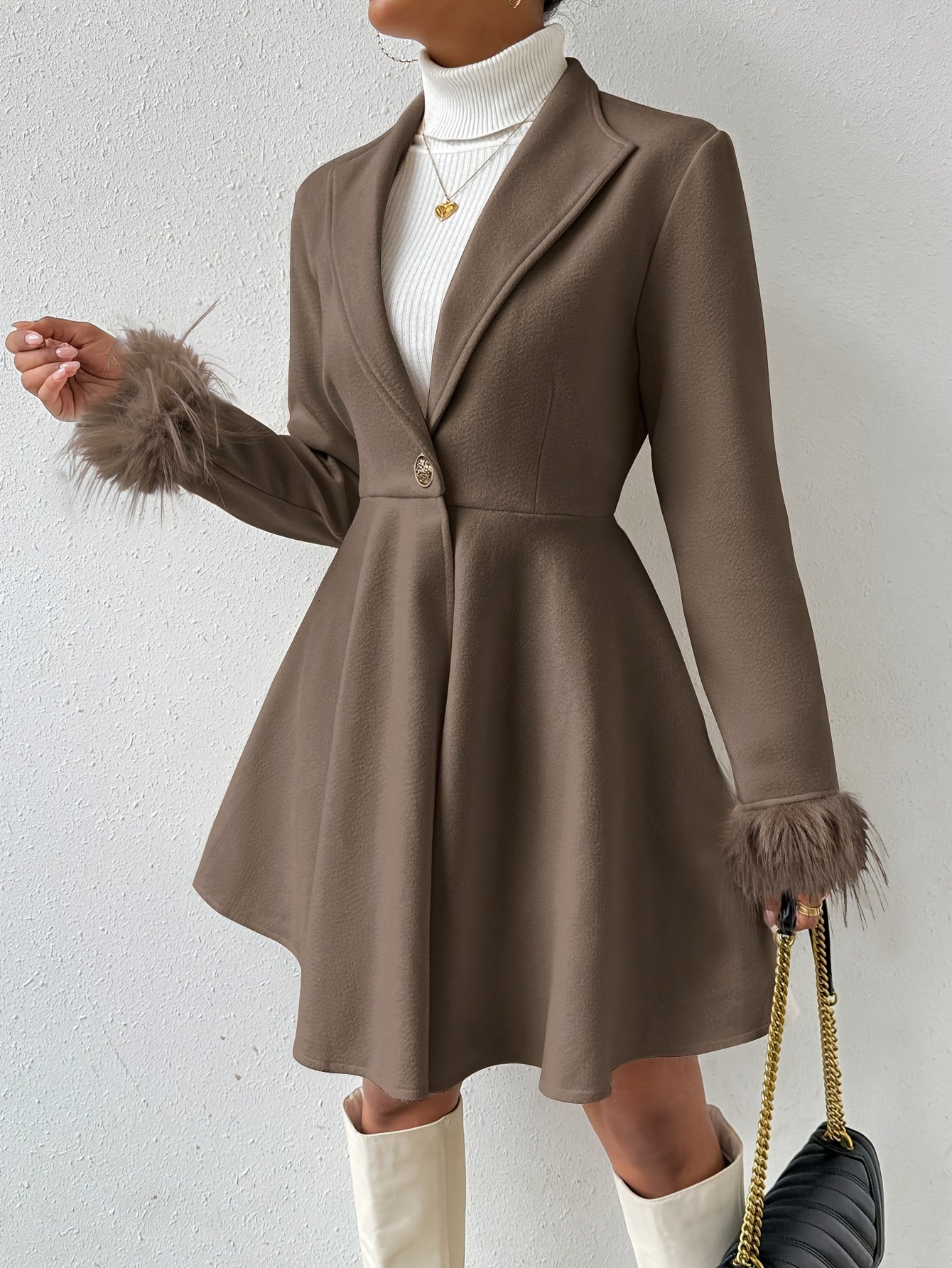 Genevieve - Women's Faux-Fur Cuff Fit-and-Flare Coat