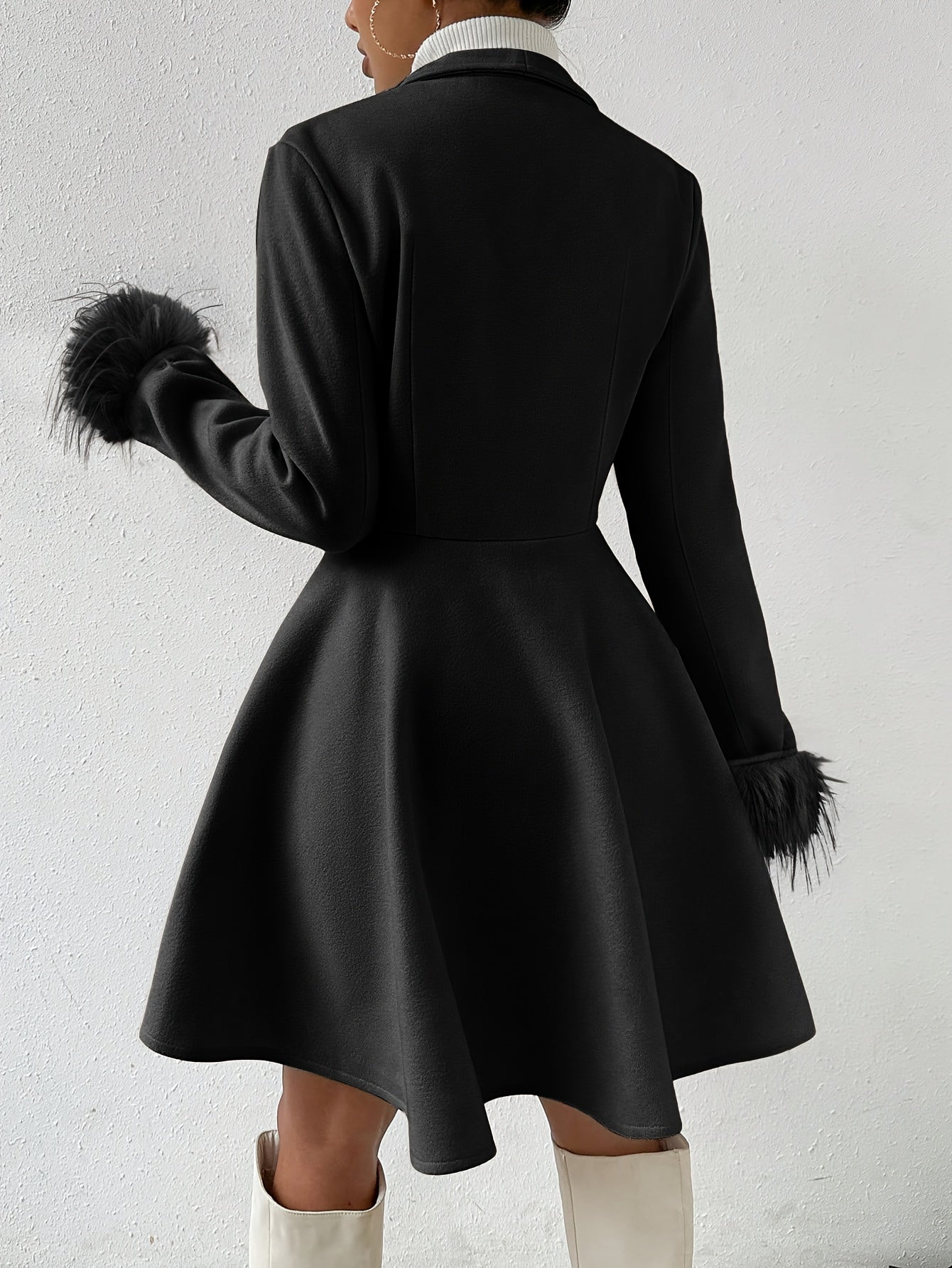 Genevieve - Women's Faux-Fur Cuff Fit-and-Flare Coat