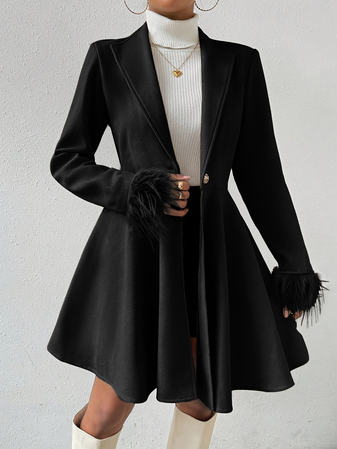 Genevieve - Women's Faux-Fur Cuff Fit-and-Flare Coat