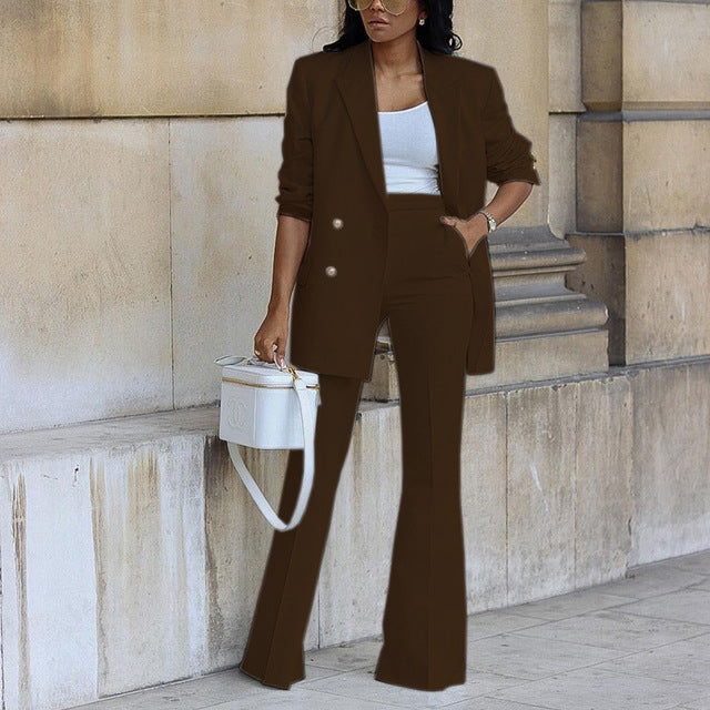 Giselle - Women's Double-Breasted Blazer and Flare Trouser Set