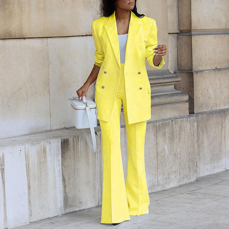 Giselle - Women's Double-Breasted Blazer and Flare Trouser Set