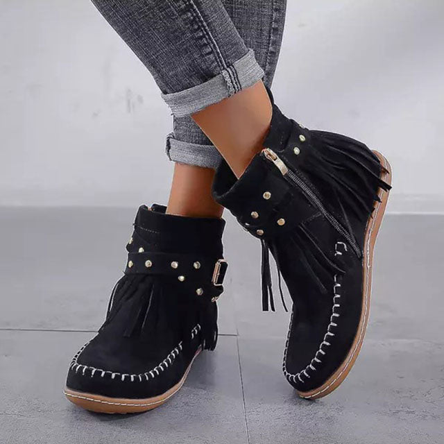 Giselle - Women's Fringe Ankle Boots with Studded Strap