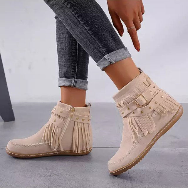Giselle - Women's Fringe Ankle Boots with Studded Strap