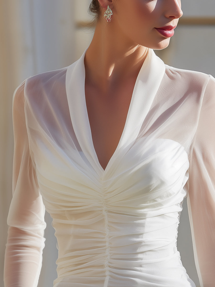 Giselle - Women's Ruched Sheer Mesh Blouse with V-Neckline