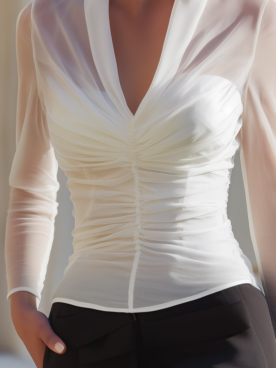 Giselle - Women's Ruched Sheer Mesh Blouse with V-Neckline