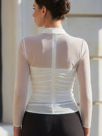 Giselle - Women's Ruched Sheer Mesh Blouse with V-Neckline