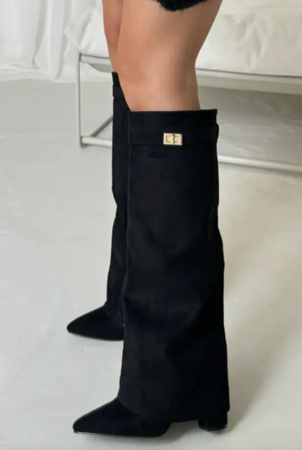 Giselle - Women's Suede Knee-High Boots with Buckle Strap
