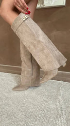 Giselle - Women's Suede Knee-High Boots with Buckle Strap