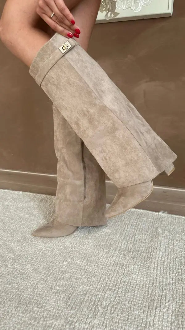 Giselle - Women's Suede Knee-High Boots with Buckle Strap