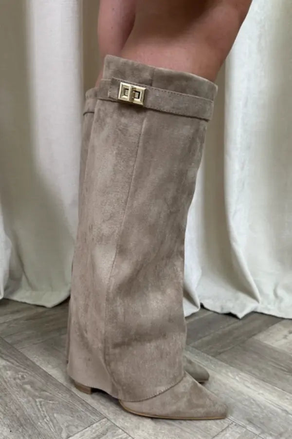 Giselle - Women's Suede Knee-High Boots with Buckle Strap