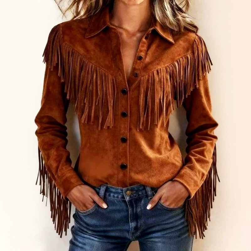 Gretchen - Women's Faux Suede Western Cowgirl Fringe Shirt 1