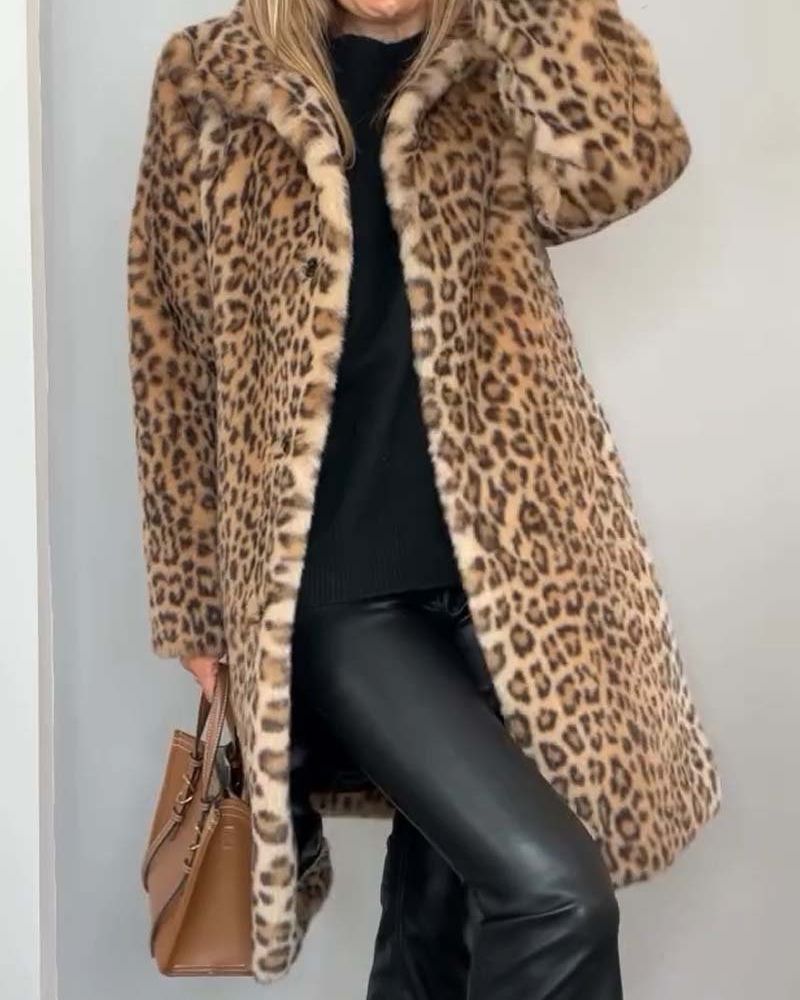 Gwendolyn - Women's Leopard Print Open-Front Coat with Faux-Fur Trim