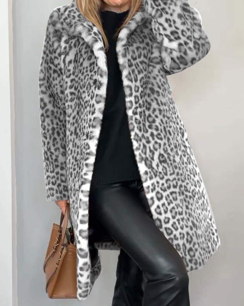 Gwendolyn - Women's Leopard Print Open-Front Coat with Faux-Fur Trim