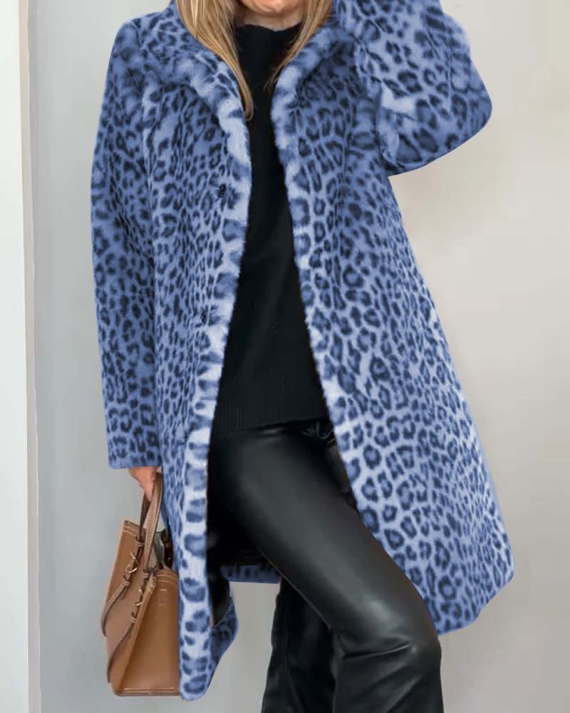 Gwendolyn - Women's Leopard Print Open-Front Coat with Faux-Fur Trim