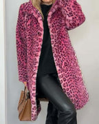 Gwendolyn - Women's Leopard Print Open-Front Coat with Faux-Fur Trim