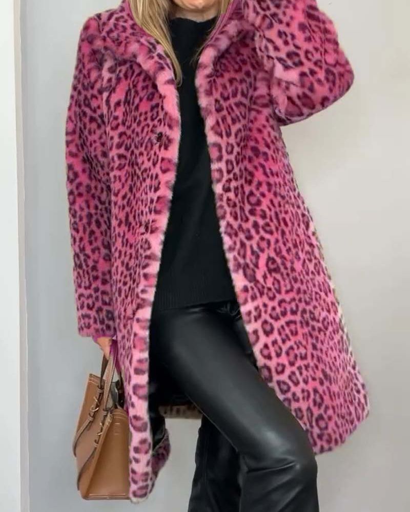 Gwendolyn - Women's Leopard Print Open-Front Coat with Faux-Fur Trim