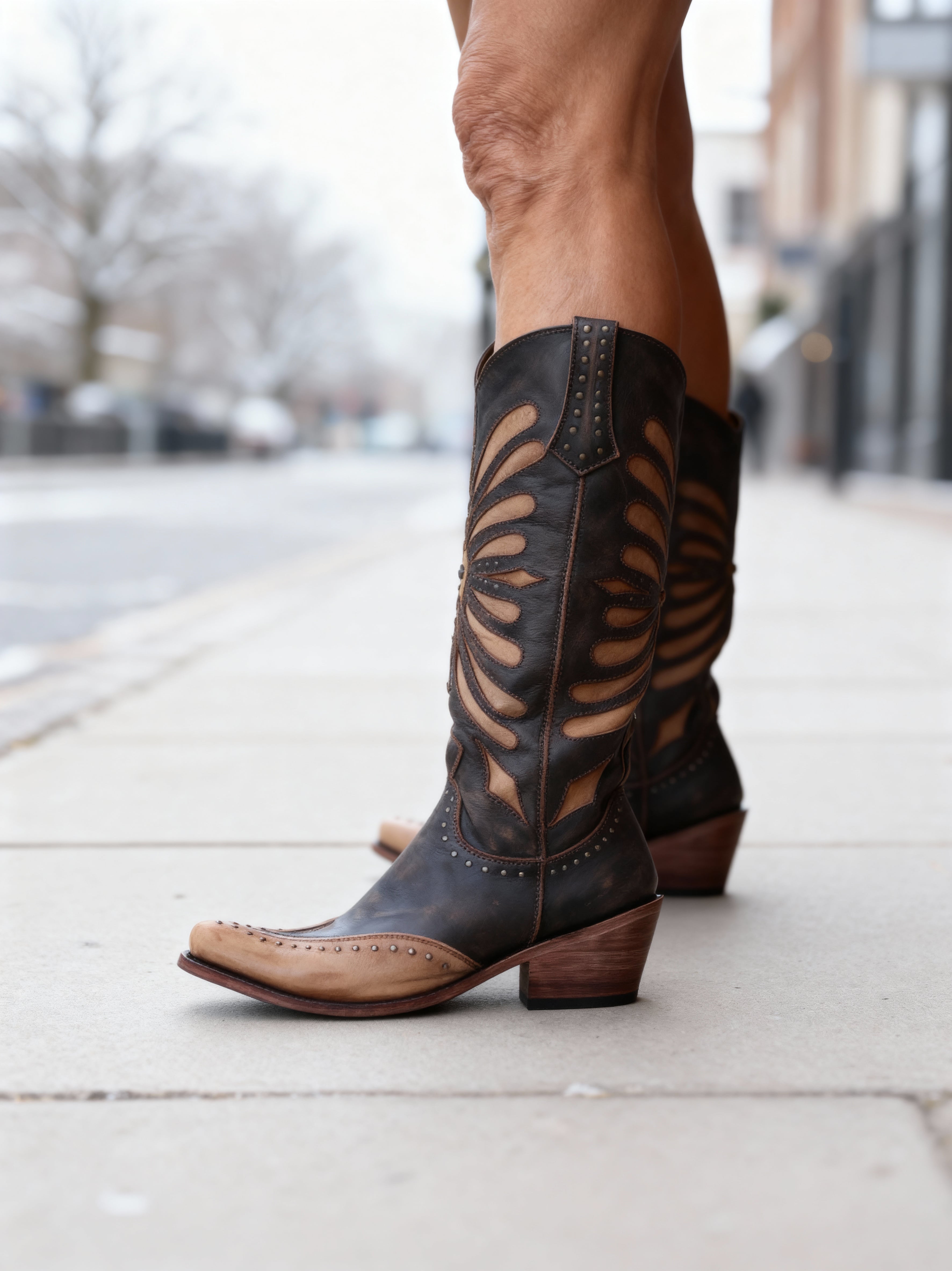 Harlow - Women's Cutout Knee-High Boots with Studded Details