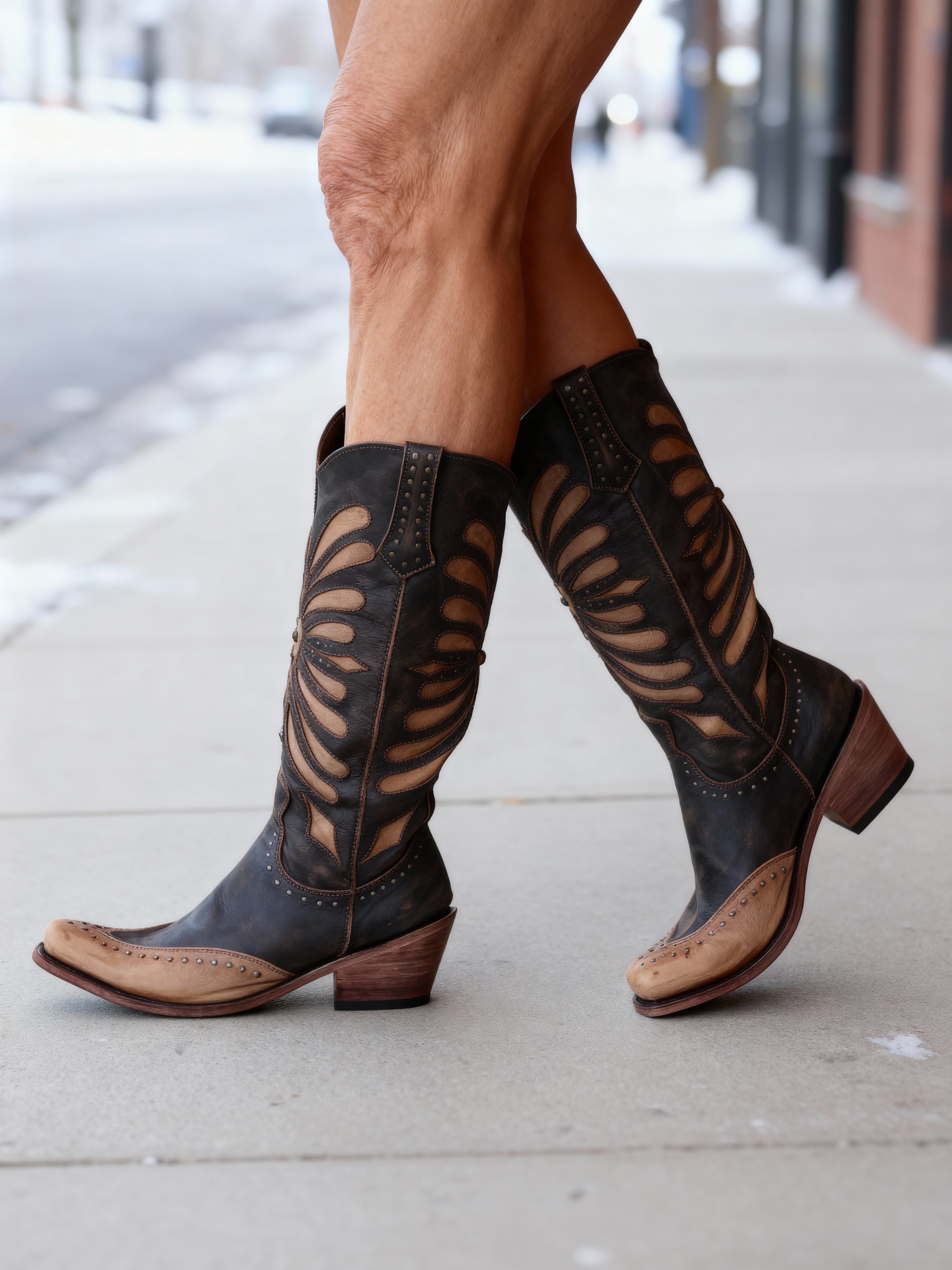 Harlow - Women's Cutout Knee-High Boots with Studded Details