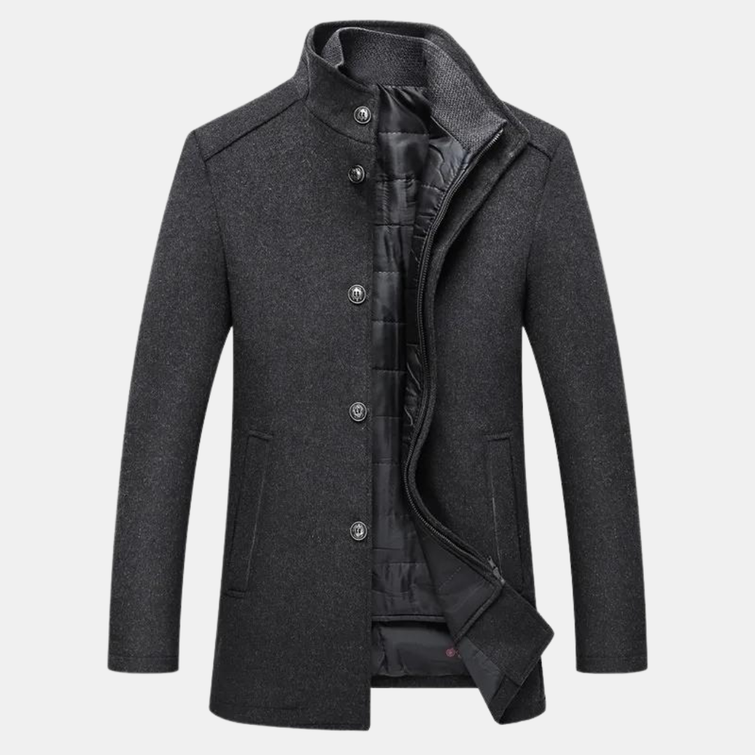 Harmon - Men's Wool Blend Coat with Stand Collar and Quilted Lining