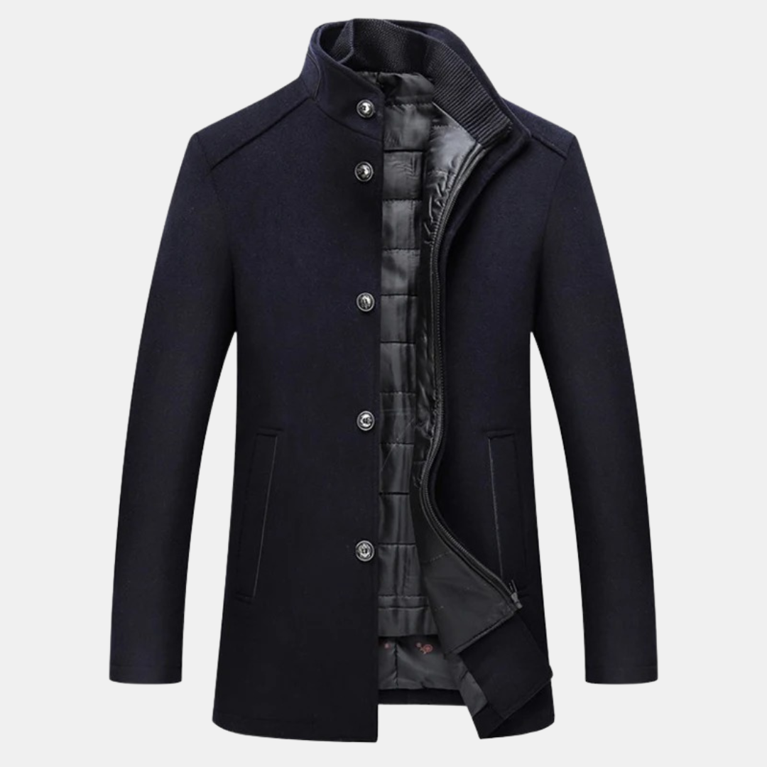 Harmon - Men's Wool Blend Coat with Stand Collar and Quilted Lining
