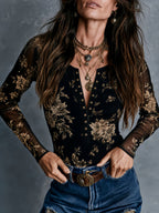 Hazel - Women's Floral Button-Front Sheer Mesh Blouse