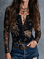 Hazel - Women's Floral Button-Front Sheer Mesh Blouse