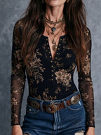 Hazel - Women's Floral Button-Front Sheer Mesh Blouse