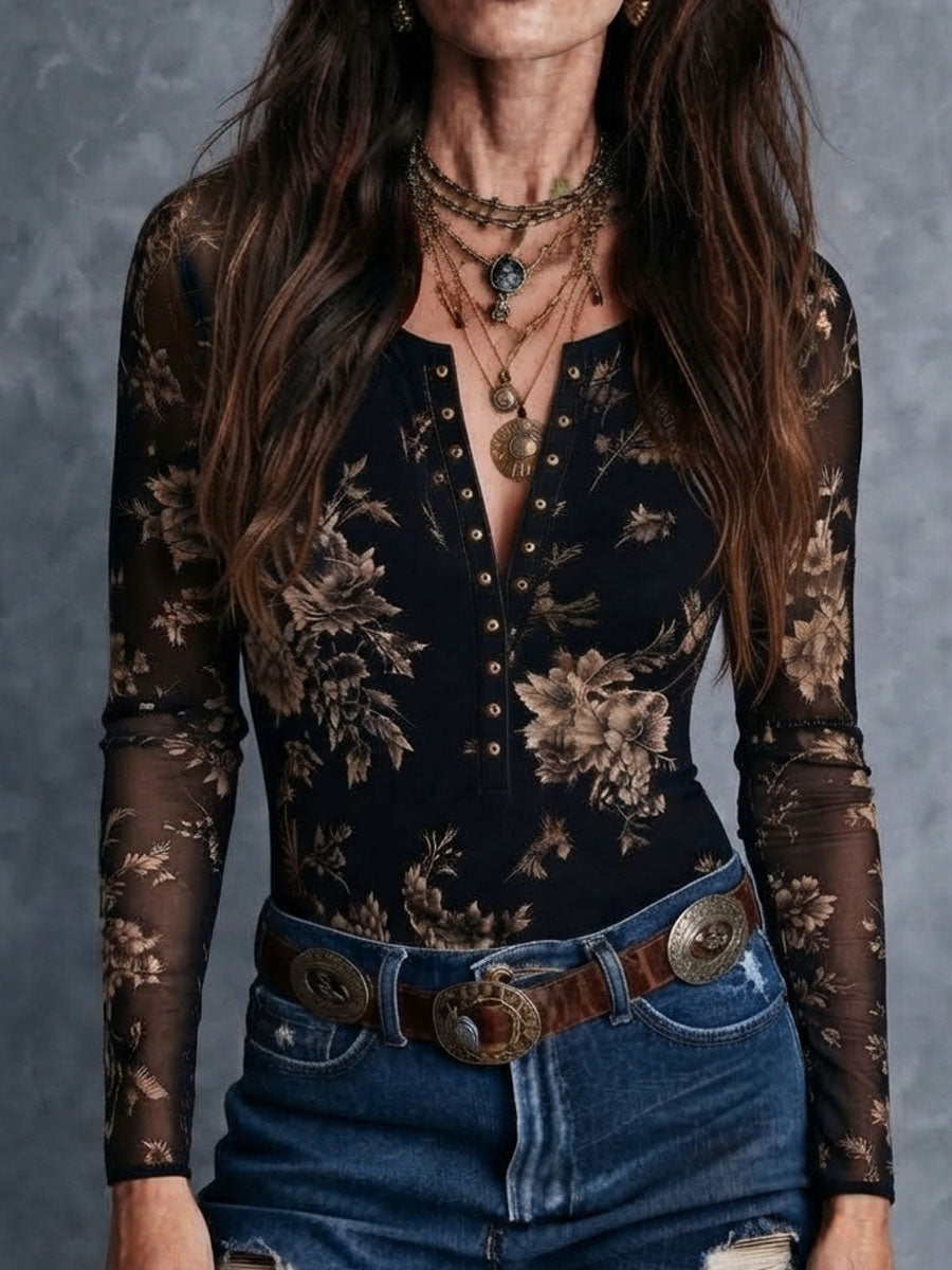 Hazel - Women's Floral Button-Front Sheer Mesh Blouse