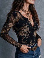 Hazel - Women's Floral Button-Front Sheer Mesh Blouse